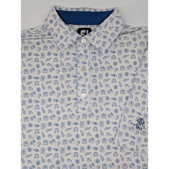 FootJoy Other - FootJoy FJ Men's Medium Polo Golf Shirt White Blue All Over Print Travel *LOGO*